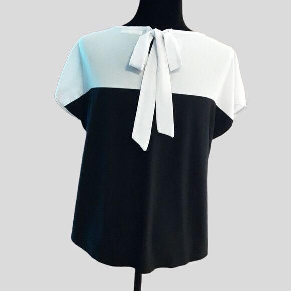 FAITH AND JOY Top Crepe and Lace Bouse With Bow size PXL Black Dove Gray… - Picture 12 of 13